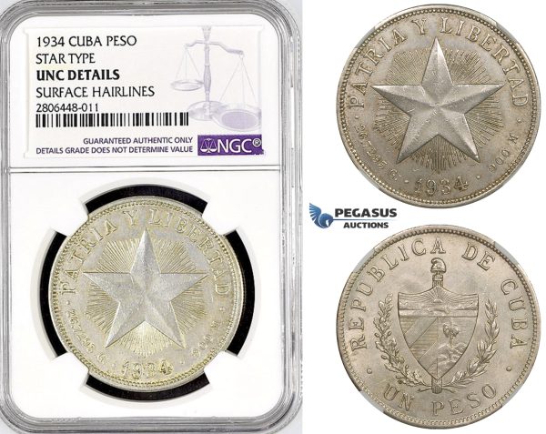 R773, Cuba, "Star Type" Peso 1934, Philadelphia, Silver, NGC UNC Det.