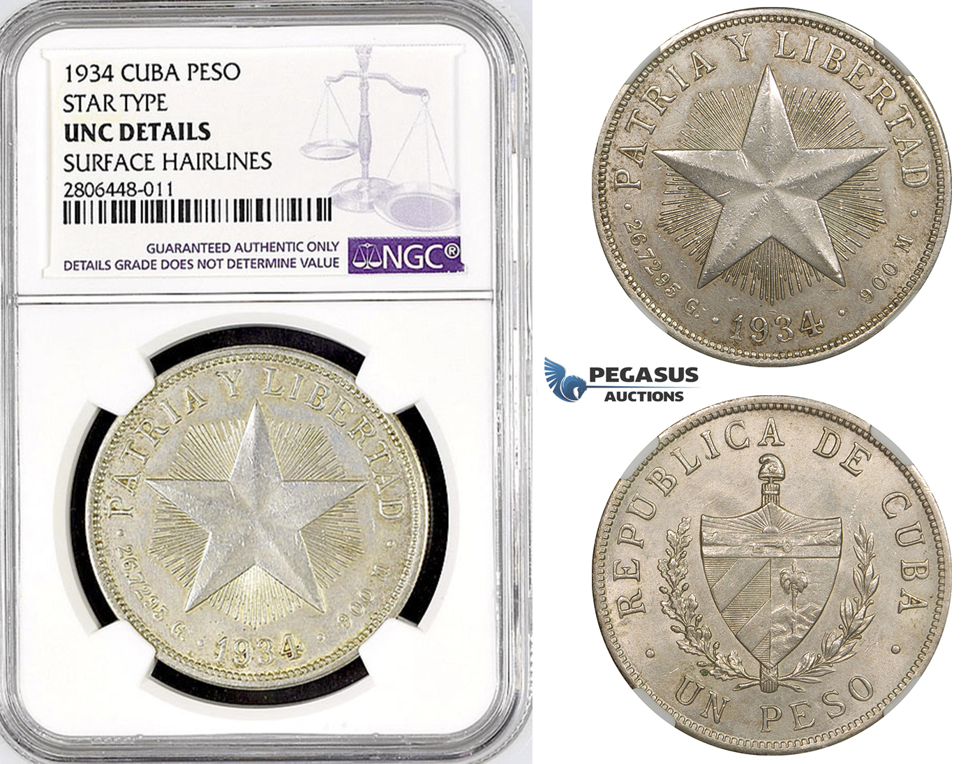 R773, Cuba, "Star Type" Peso 1934, Philadelphia, Silver, NGC UNC Det.