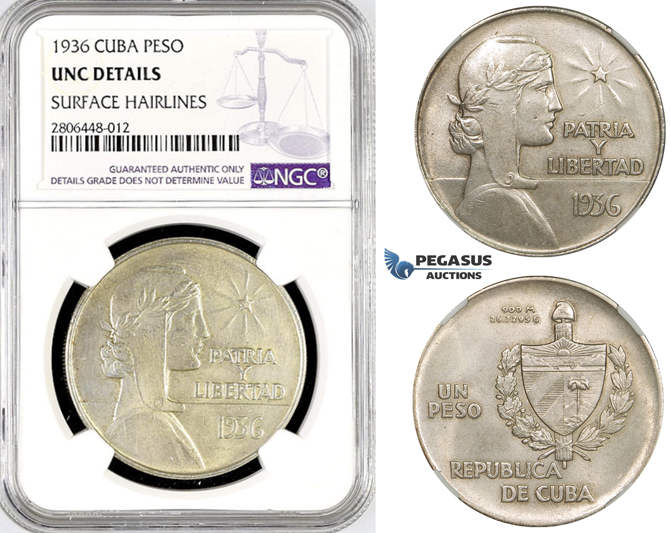 R774, Cuba, "ABC" Peso 1936, Philadelphia, Silver, NGC UNC Det.