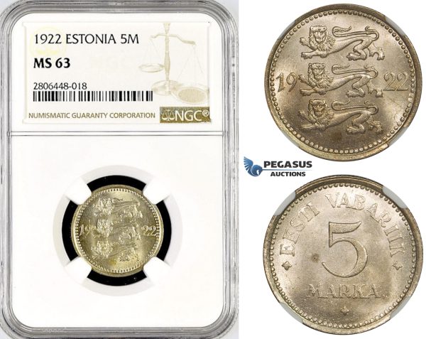 R775, Estonia, 5 Marka 1922, NGC MS63