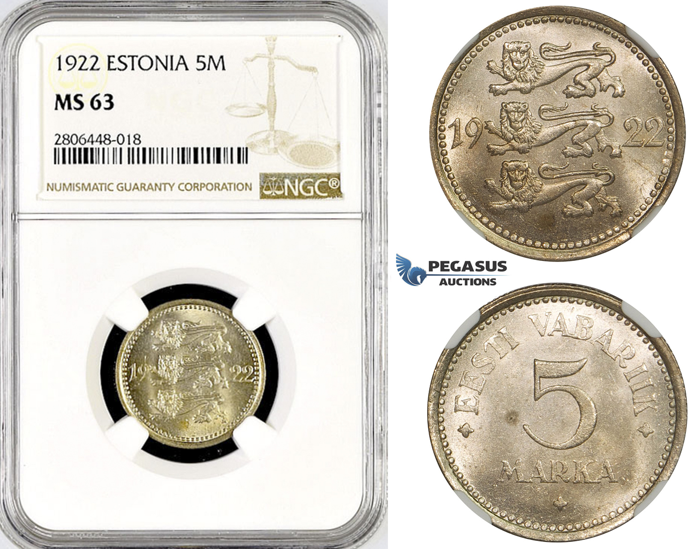 R775, Estonia, 5 Marka 1922, NGC MS63