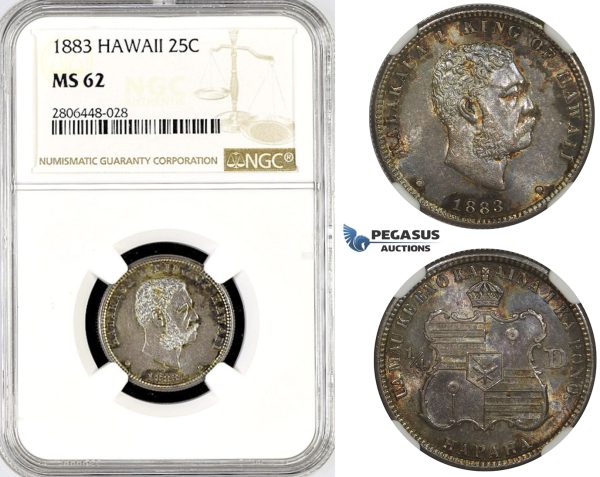 R782, Hawaii, Kalakaua I, 1/4 Dollar (25C) 1883, Silver, NGC MS62