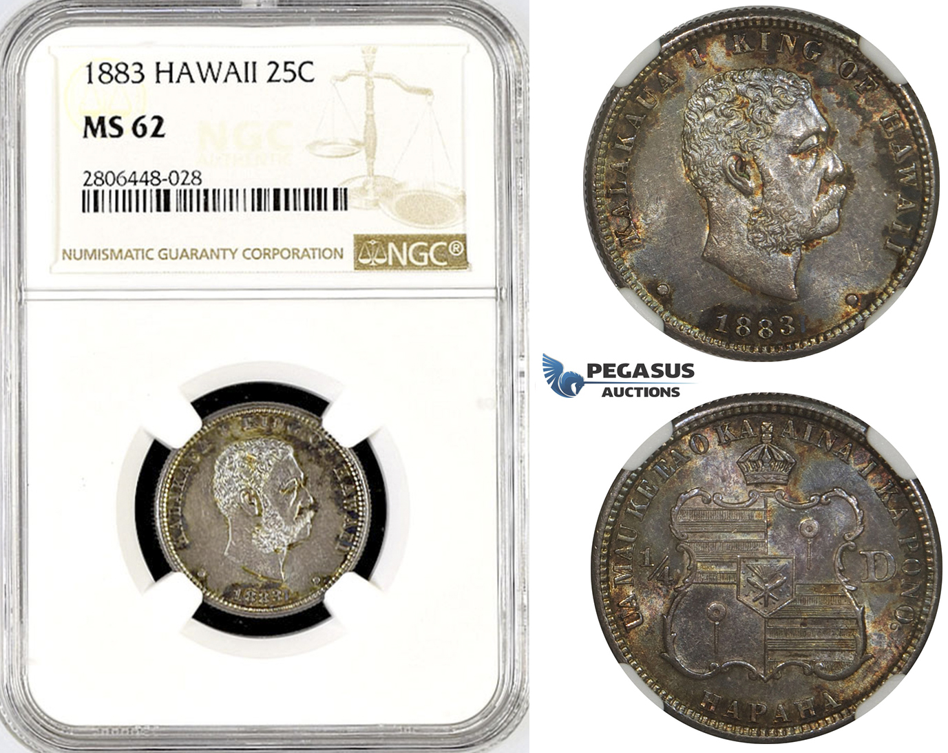 R782, Hawaii, Kalakaua I, 1/4 Dollar (25C) 1883, Silver, NGC MS62