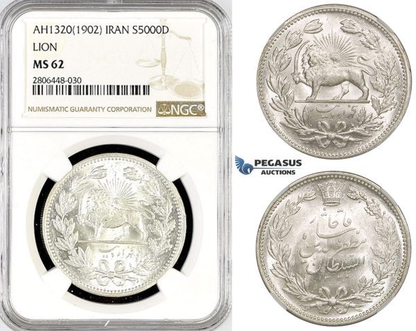 R783, Iran, Muzaffar al-Din Shah, 5000 Dinars AH1320 (1902) Silver, NGC MS62