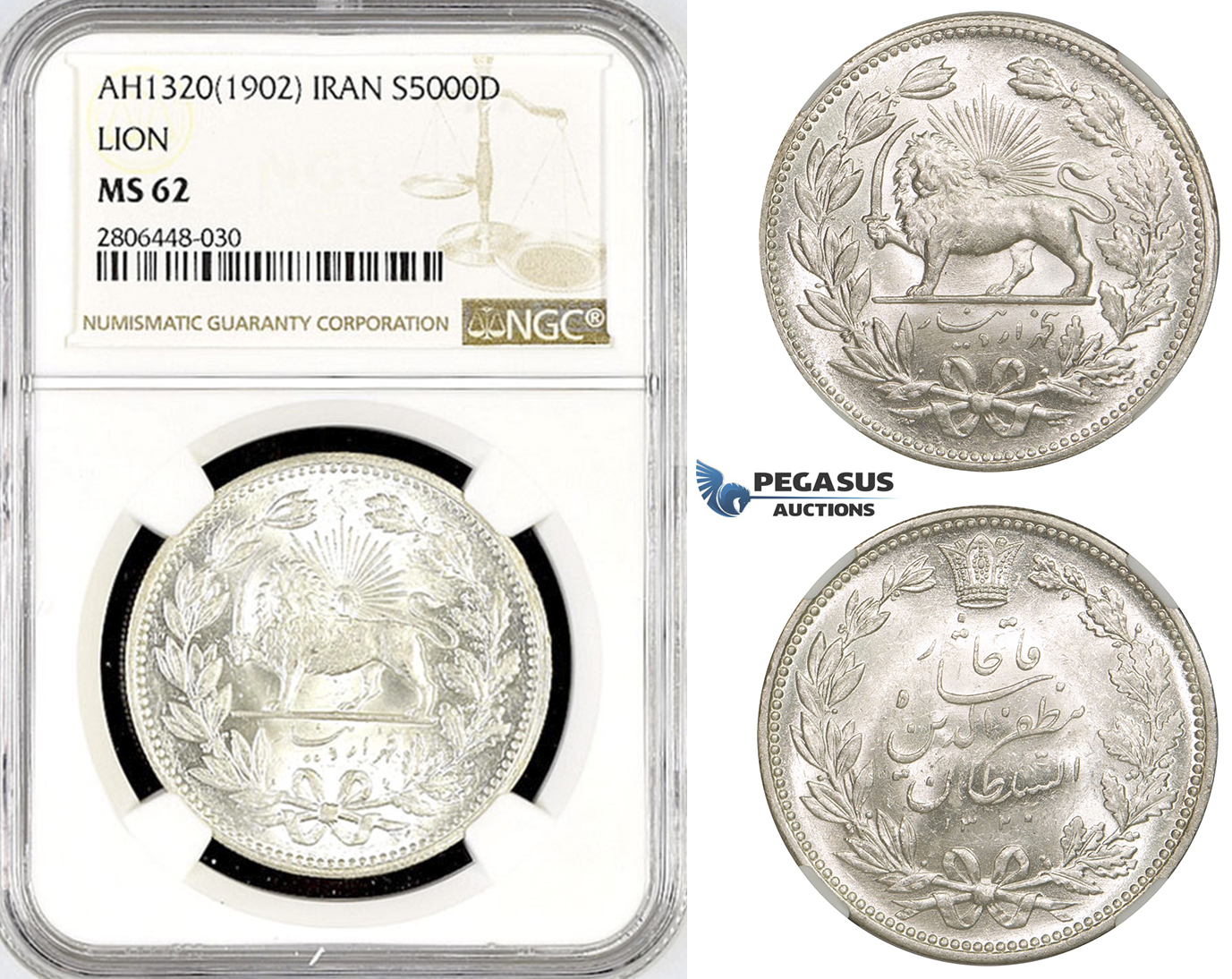 R783, Iran, Muzaffar al-Din Shah, 5000 Dinars AH1320 (1902) Silver, NGC MS62