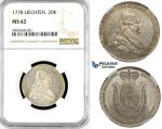 R784, Liecthenstein, Franz Joseph, 20 Kreuzer 1778, Vienna, Silver, NGC MS62