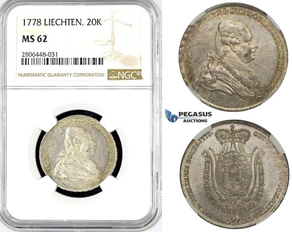 R784, Liecthenstein, Franz Joseph, 20 Kreuzer 1778, Vienna, Silver, NGC MS62