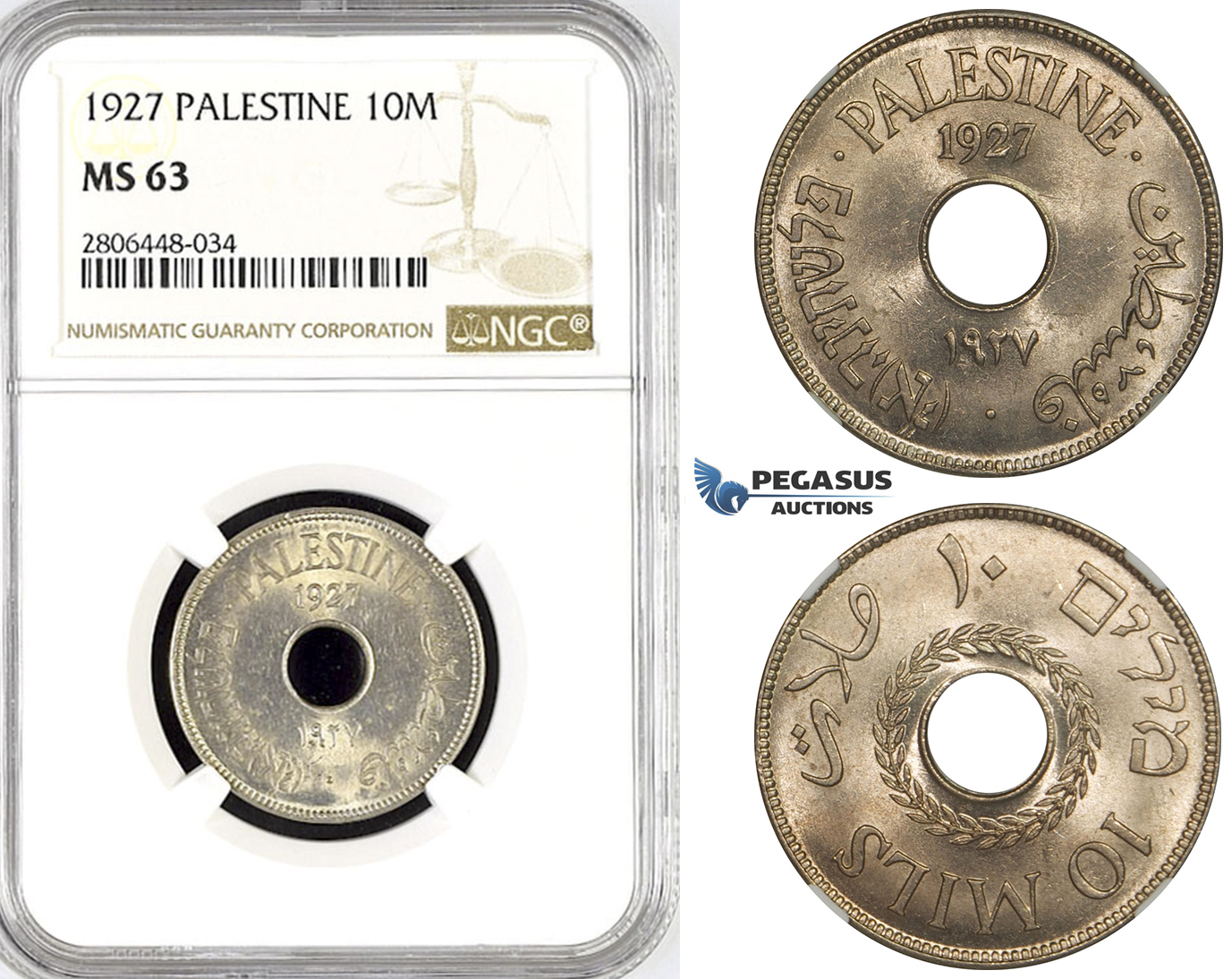 R788, Palestine, 10 Mils 1927, London, NGC MS63