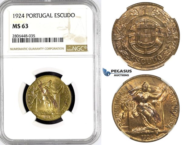 R789, Portugal, Escudo 1924, NGC MS63