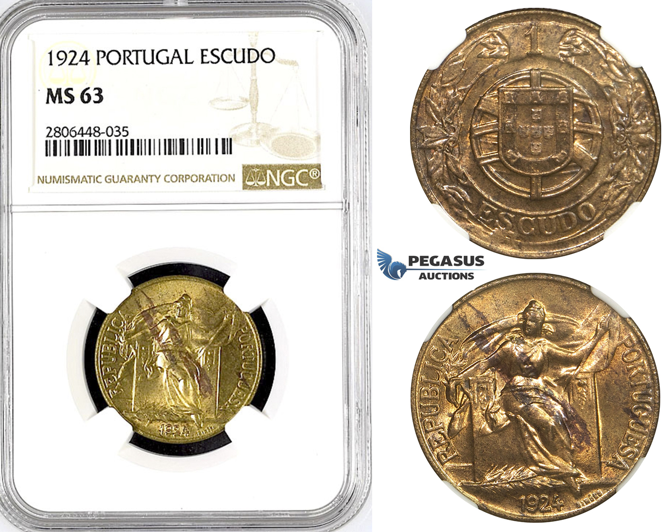 R789, Portugal, Escudo 1924, NGC MS63