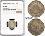 R793, Switzerland, 20 Rappen 1858-B, Bern, Silver, NGC MS64
