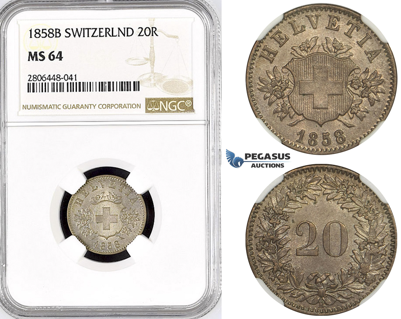 R793, Switzerland, 20 Rappen 1858-B, Bern, Silver, NGC MS64