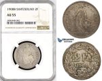 R794, Switzerland, 2 Francs 1908-B, Bern, Silver, NGC AU55