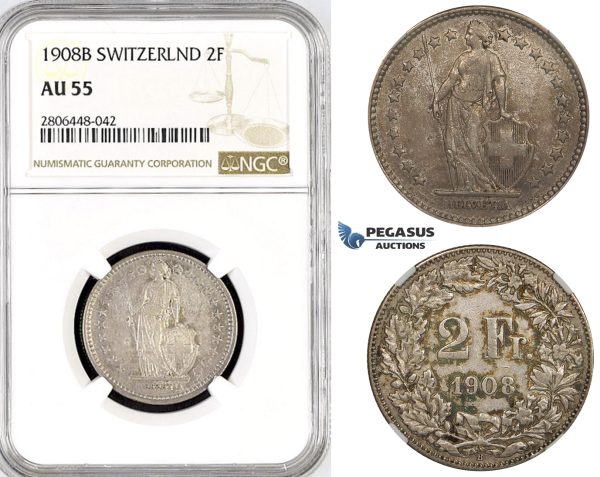 R794, Switzerland, 2 Francs 1908-B, Bern, Silver, NGC AU55