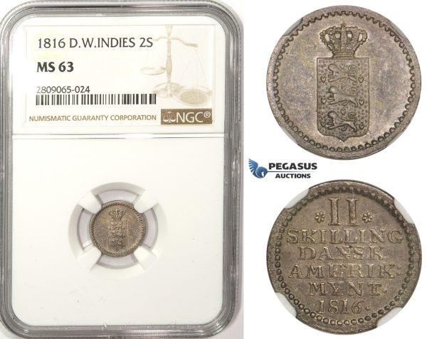 R806, Danish West Indies, 2 Skilling 1816, Silver, NGC MS63