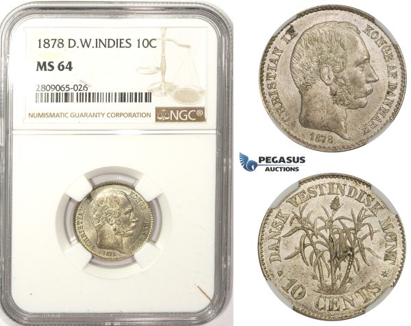 R807, Danish West Indies, Christian IX, 10 Cents 1878, Silver, NGC MS64