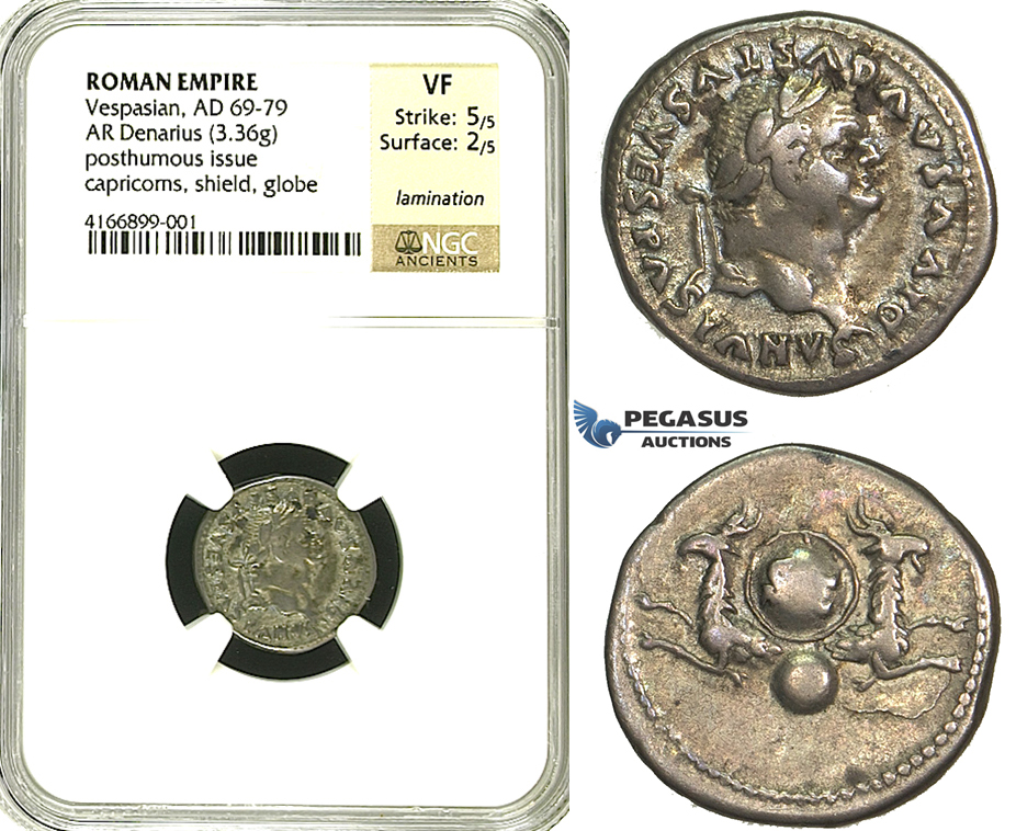 R81, Roman Empire, Divus Vespasian (69-79 AD) AR Denarius (3.36g) Rome, Posthumous issue, struck 80-81 AD under Titus, Capricorns, NGC VF
