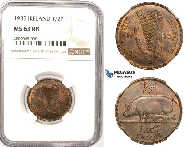 R813, Ireland, Half Penny 1935, NGC MS63RB