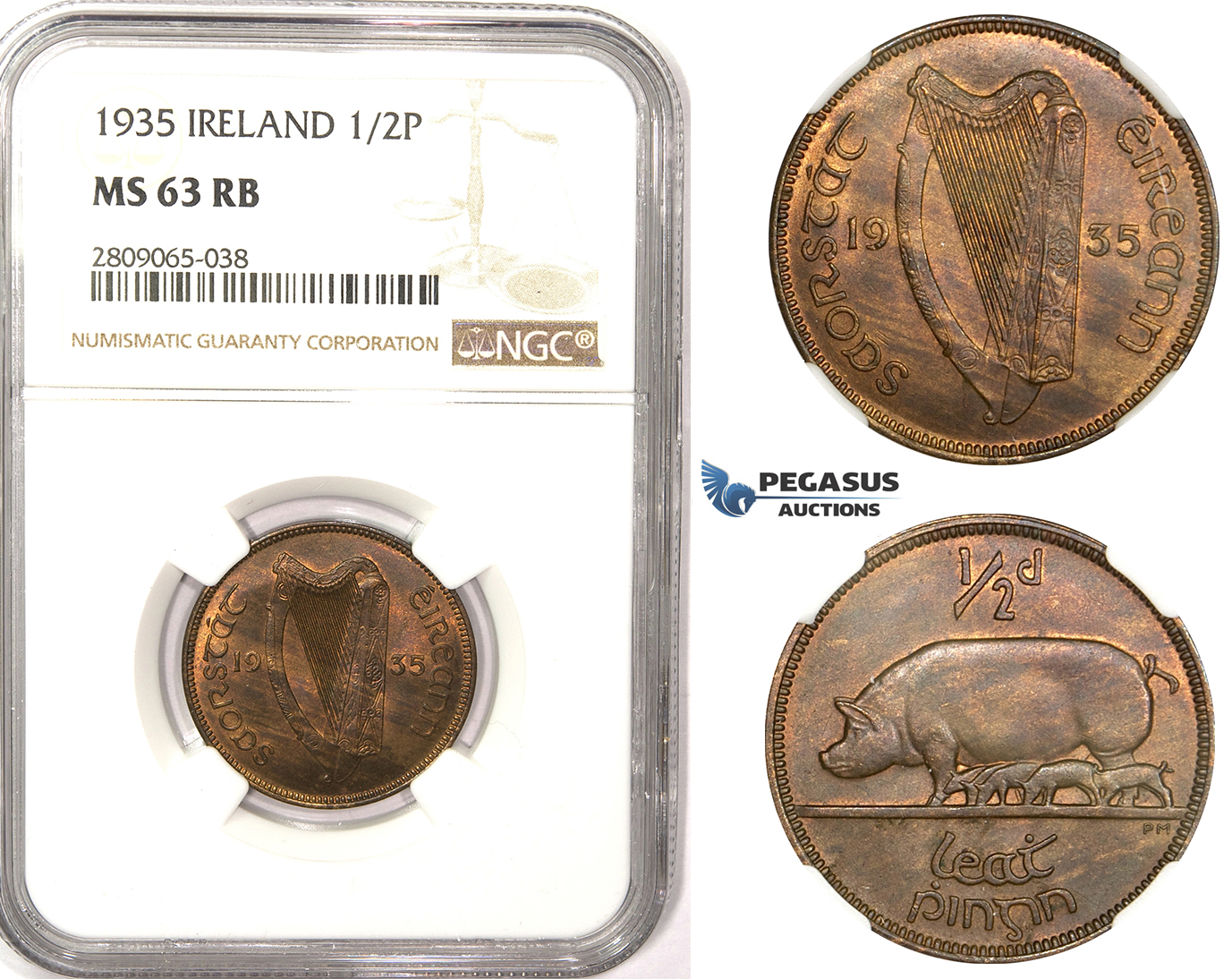 R813, Ireland, Half Penny 1935, NGC MS63RB