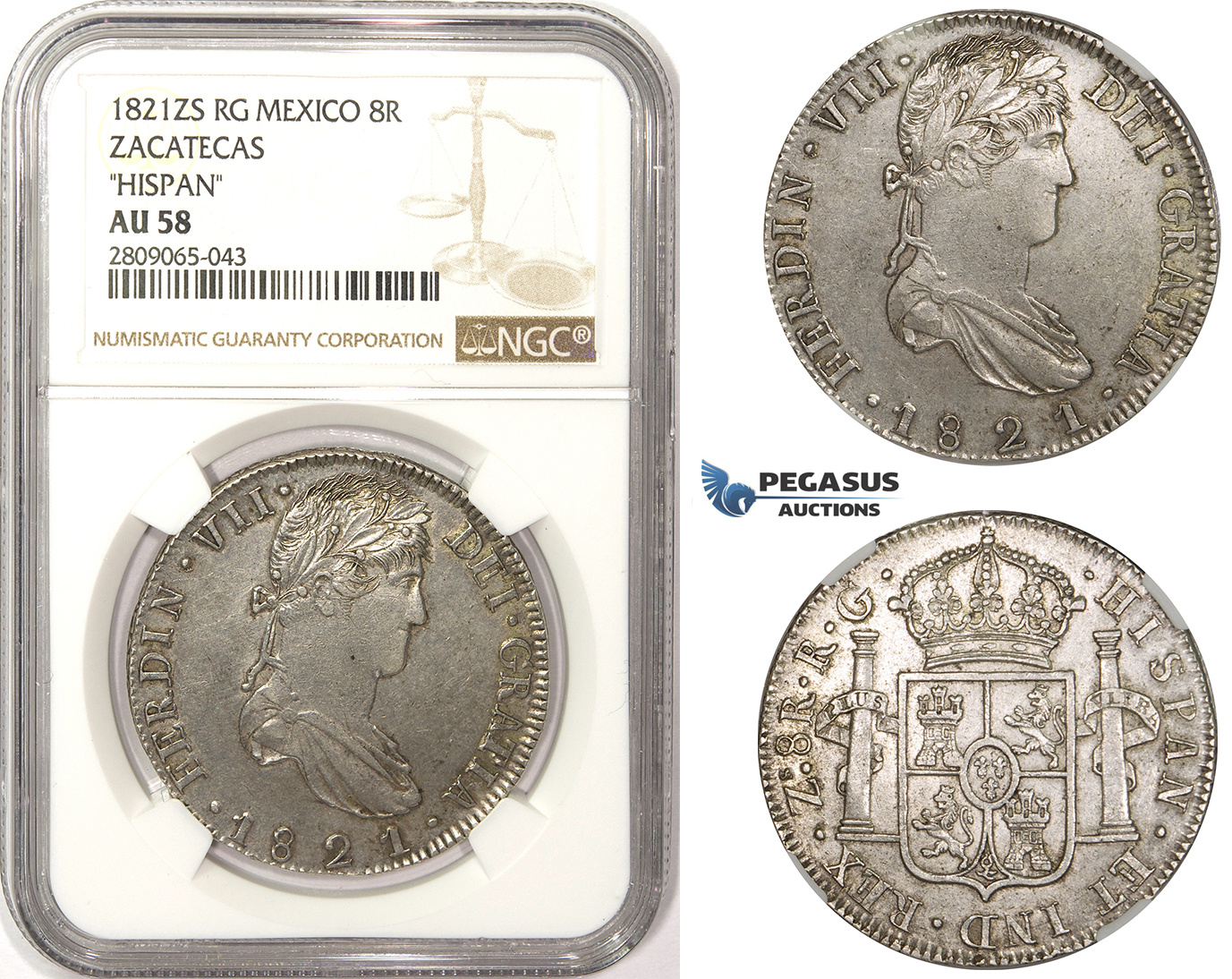 R817, Mexico, Ferdinand VII, 8 Reales 1821 Zs RG, Zacatecas, Silver, NGC AU58 "Hispan"