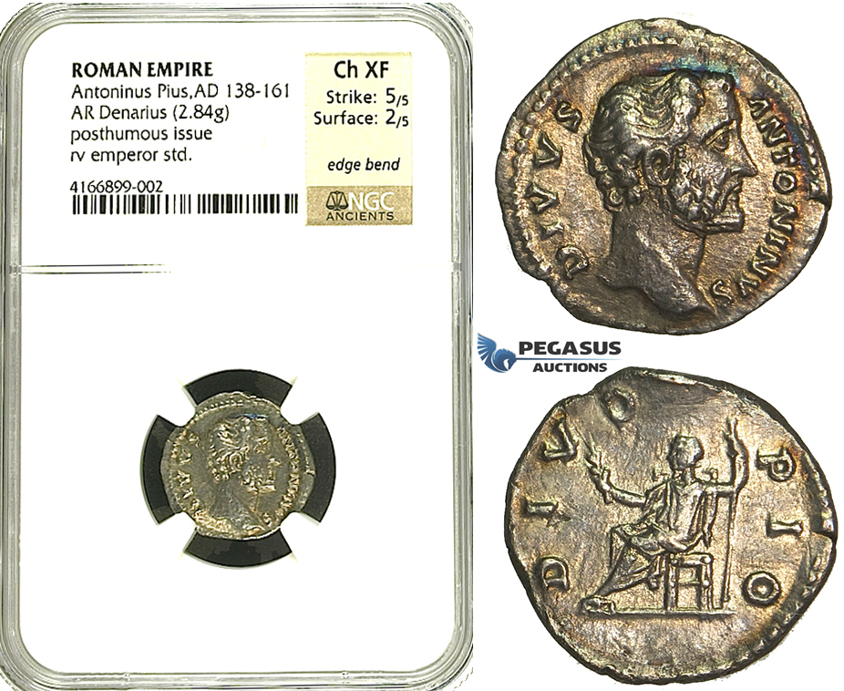 R82, Roman Empire,  Divus Antonius Pius (138-161 AD) AR Denarius (2.84g) Rome, Posthumous issue, struck 161 AD under Marcus Aurelius, DIVO PIO, NGC Ch XF