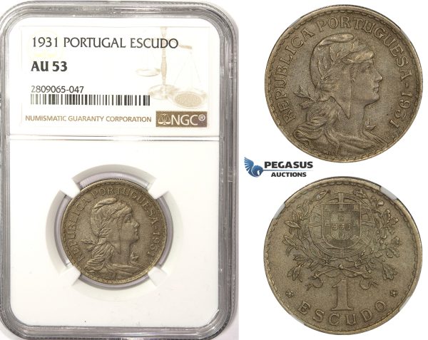 R820, Portugal, 1 Escudo 1931, NGC AU53, Rare!