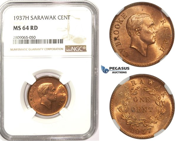 R821, Sarawak, C.V. Brooke Rajah, Cent 1937-H, Heaton, NGC MS64RD