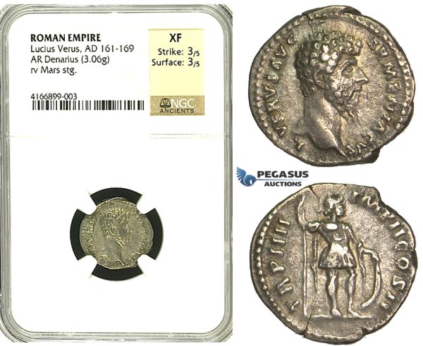 R83, Roman Empire, Lucius Verus (161-169 AD) AR Denarius (3.06g) Rome, 164 AD, Mars, NGC XF