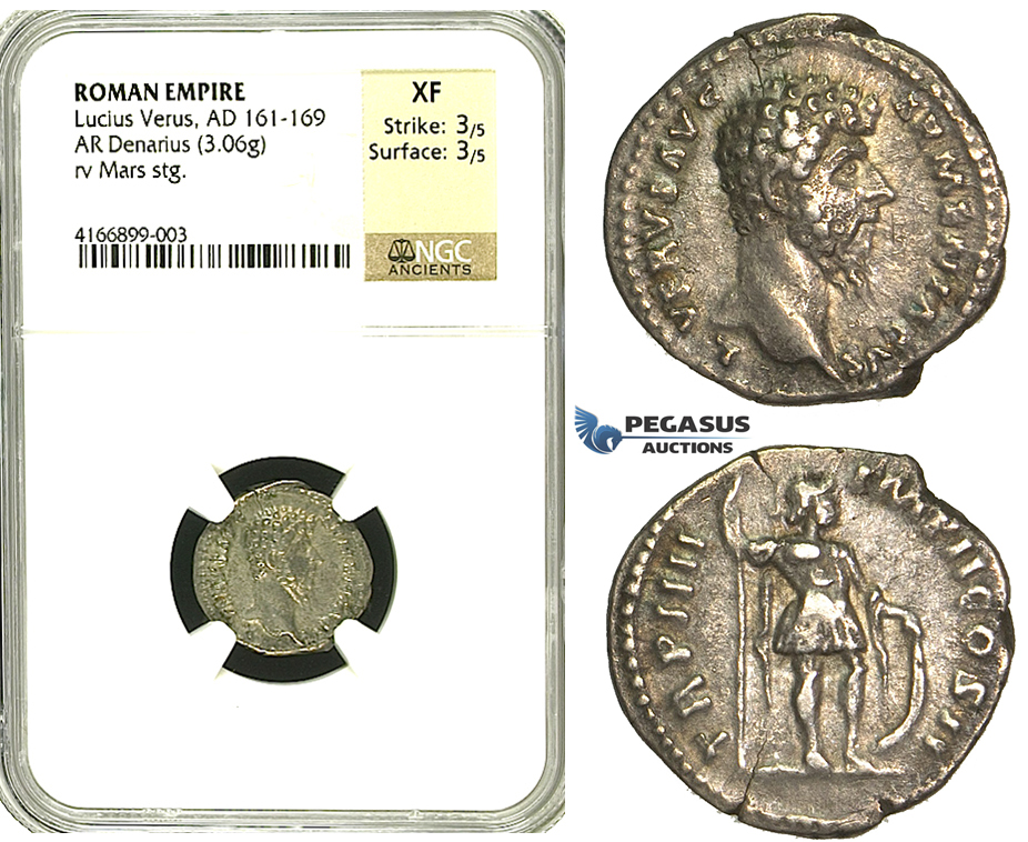 R83, Roman Empire, Lucius Verus (161-169 AD) AR Denarius (3.06g) Rome, 164 AD, Mars, NGC XF