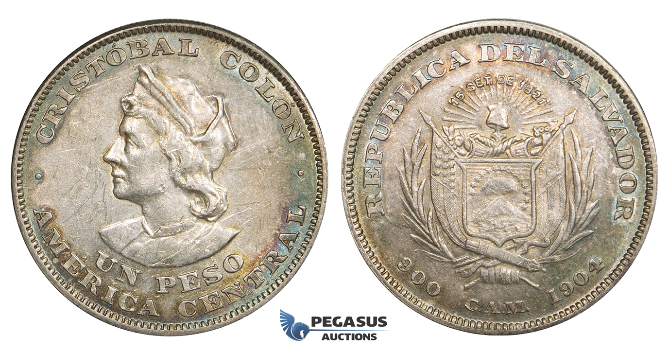 R834, El Salvador, Peso 1904, Silver, Toned AU (various marks/hairlines on Obv.)