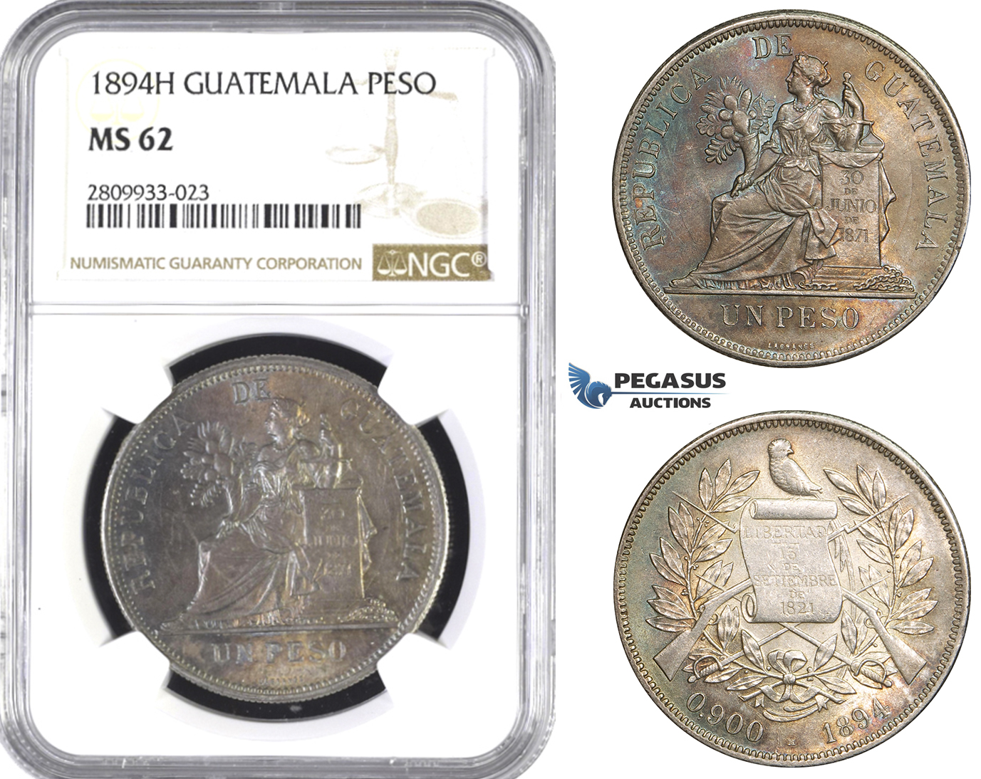 R836, Guatemala, Peso 1894-H, Heaton, Silver, NGC MS62 (Rainbow Obv)