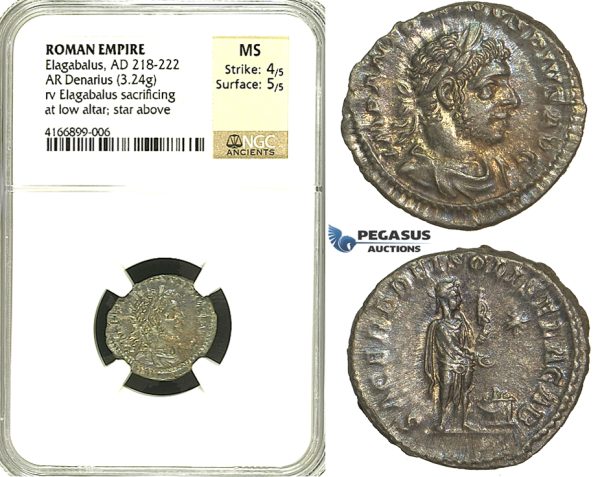 R85, Roman Empire, Elagabal (218-222 AD) AR Denarius (3.24g) Rome, 221-222 AD, SOLIS, NGC MS