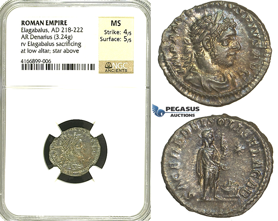 R85, Roman Empire, Elagabal (218-222 AD) AR Denarius (3.24g) Rome, 221-222 AD, SOLIS, NGC MS