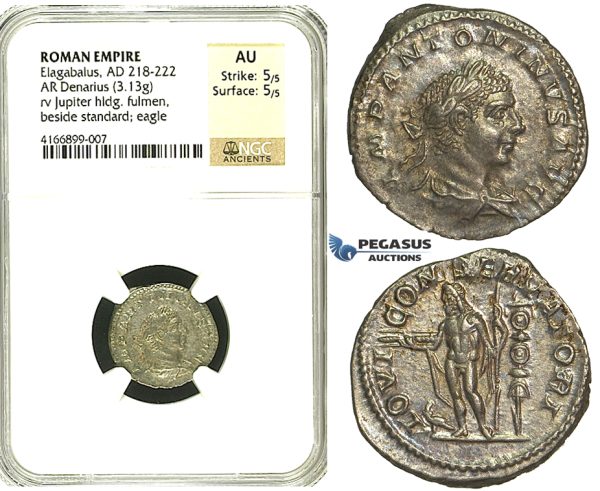 R86, Roman Empire, Elagabal (218-222 AD) AR Denarius (3.13g) Rome, 218-222 AD, Jupiter, NGC AU