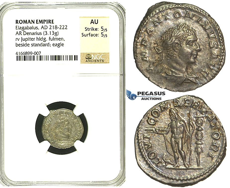 R86, Roman Empire, Elagabal (218-222 AD) AR Denarius (3.13g) Rome, 218-222 AD, Jupiter, NGC AU