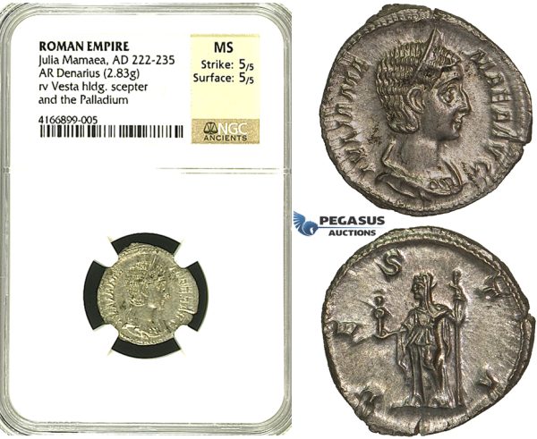R87, Roman Empire, Julia Mamaea, Augusta (222-235 AD) AR Denarius (2.83g) Rome, Vesta/Palladium, NGC MS