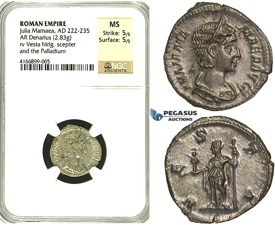 R87, Roman Empire, Julia Mamaea, Augusta (222-235 AD) AR Denarius (2.83g) Rome, Vesta/Palladium, NGC MS