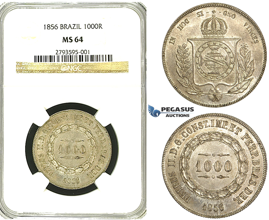R89, Brazil, Pedro II, 1000 Reis 1856, Silver, NGC MS64