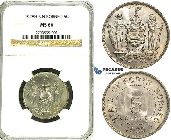 R90, British North Borneo, 5 Cents 1928-H, Heaton, NGC MS66 (Rare Grade)