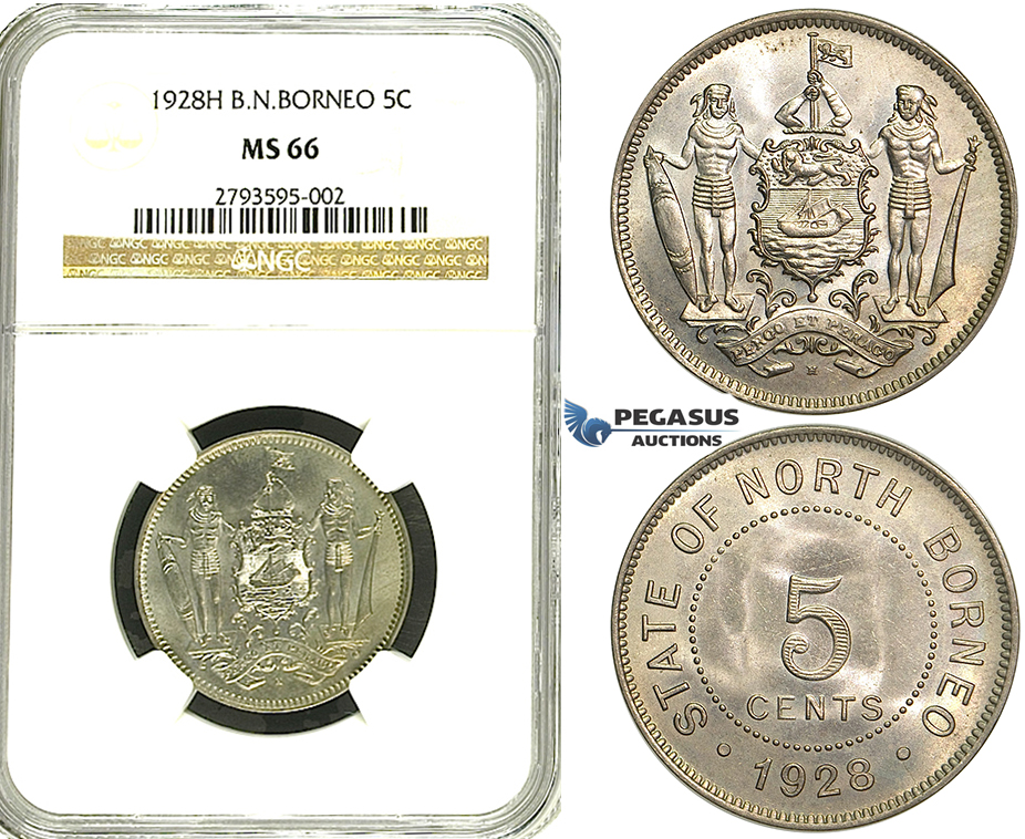 R90, British North Borneo, 5 Cents 1928-H, Heaton, NGC MS66 (Rare Grade)
