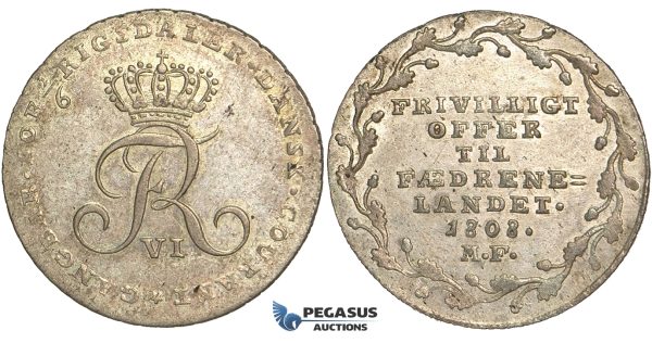 R98, Denmark, Frederik VI, “Offermark” 1/6 Rigsdaler 1808 MF, Copenhagen, Silver, AUNC