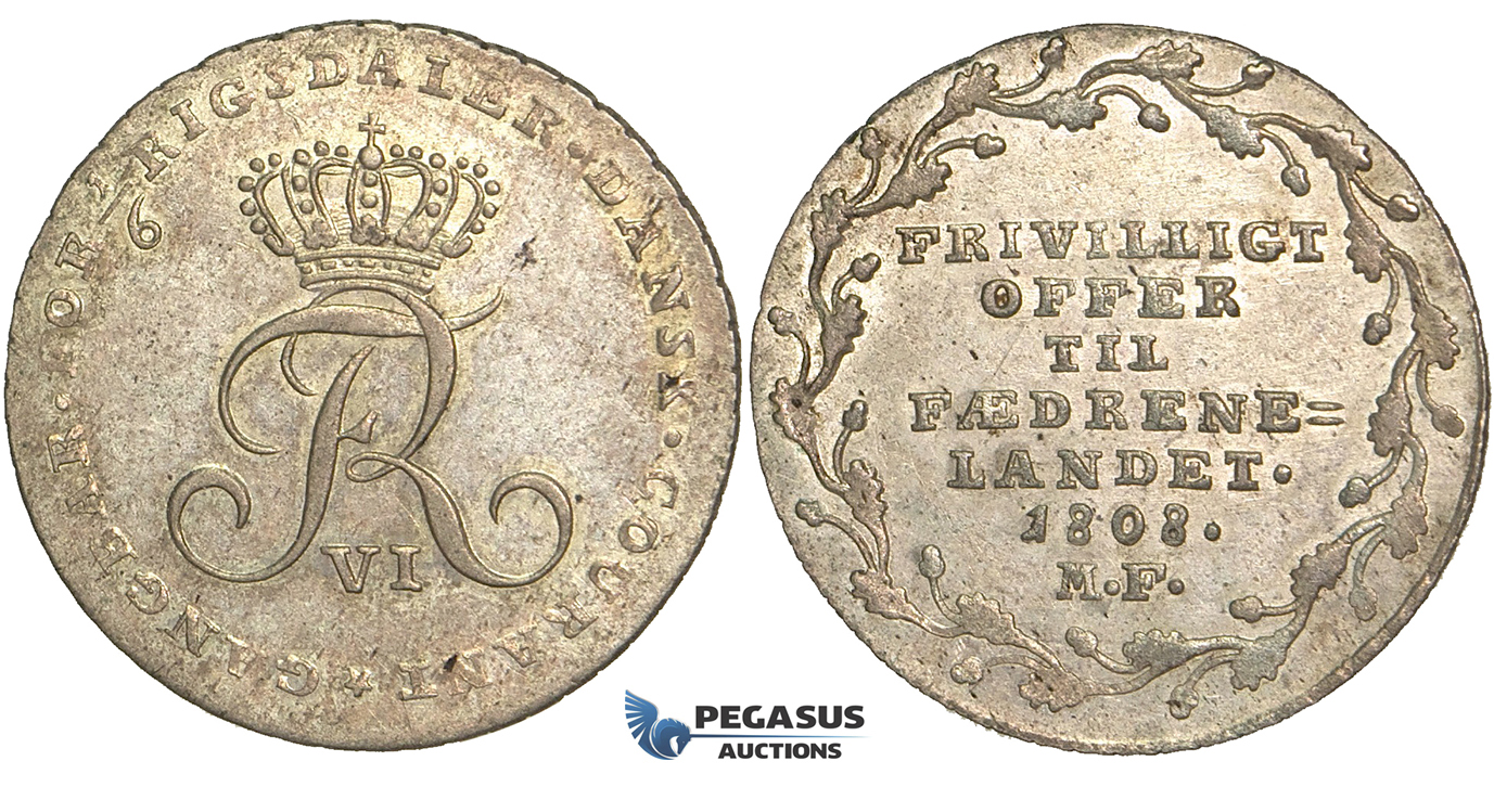 R98, Denmark, Frederik VI, “Offermark” 1/6 Rigsdaler 1808 MF, Copenhagen, Silver, AUNC