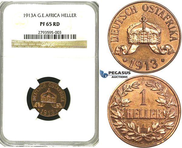 S20, German East Africa (DOA) Wilhelm II, 1 Heller 1913-A, Berlin, NGC PF65RD (Pop 1/1, Finest, First to be graded as a Proof) Very Rare!