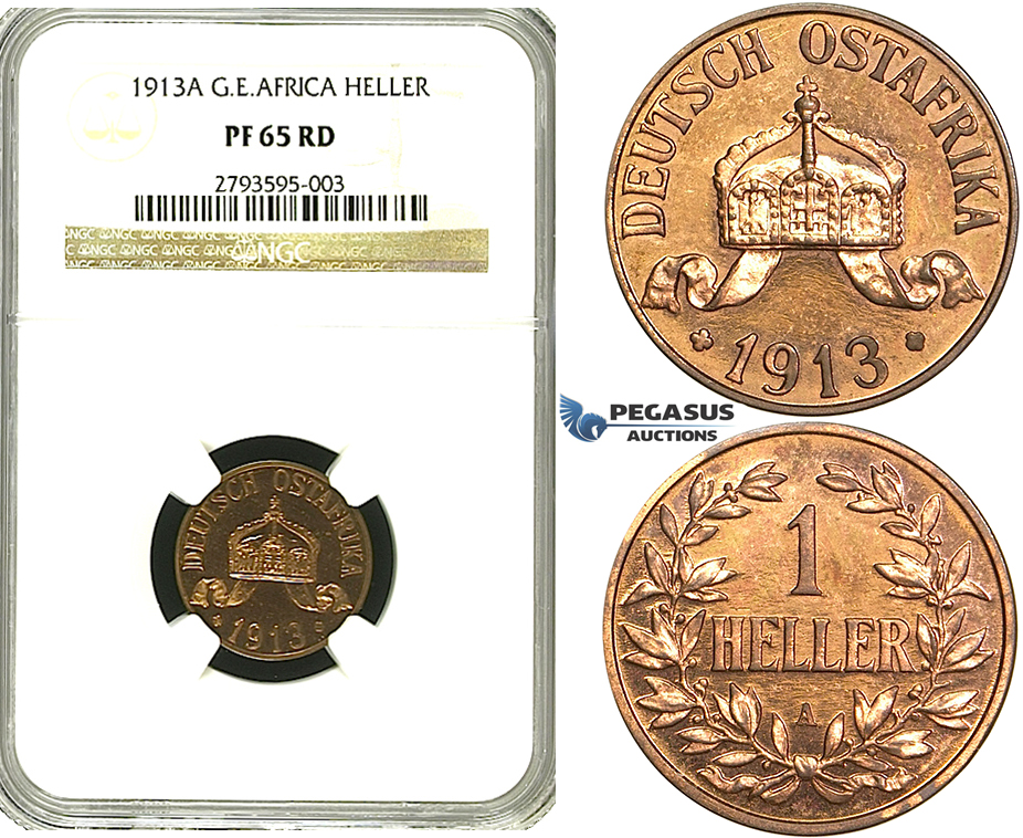 S20, German East Africa (DOA) Wilhelm II, 1 Heller 1913-A, Berlin, NGC PF65RD (Pop 1/1, Finest, First to be graded as a Proof) Very Rare!