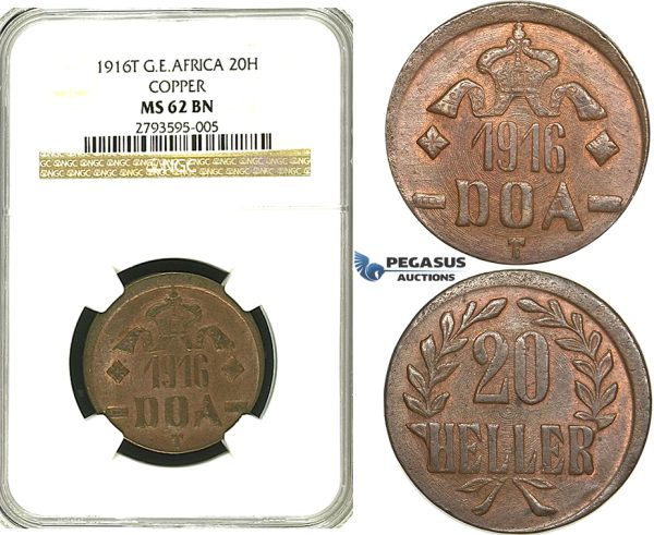 S22, German East Africa (DOA) 20 Heller 1916-T, Tabora, Copper, NGC MS62BN