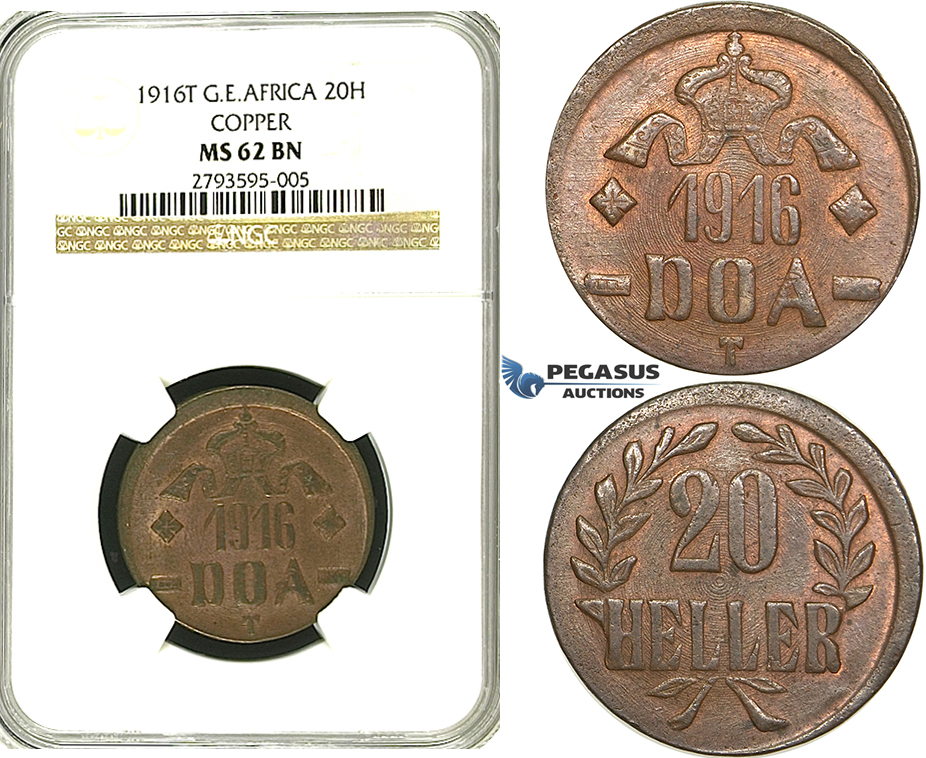 S22, German East Africa (DOA) 20 Heller 1916-T, Tabora, Copper, NGC MS62BN