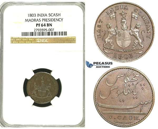 S26, East India Company, Madras Presidency, 5 Cash 1803, NGC PF64BN