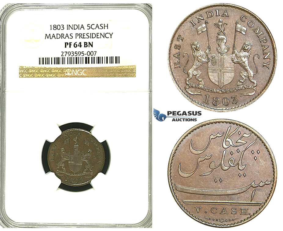 S26, East India Company, Madras Presidency, 5 Cash 1803, NGC PF64BN