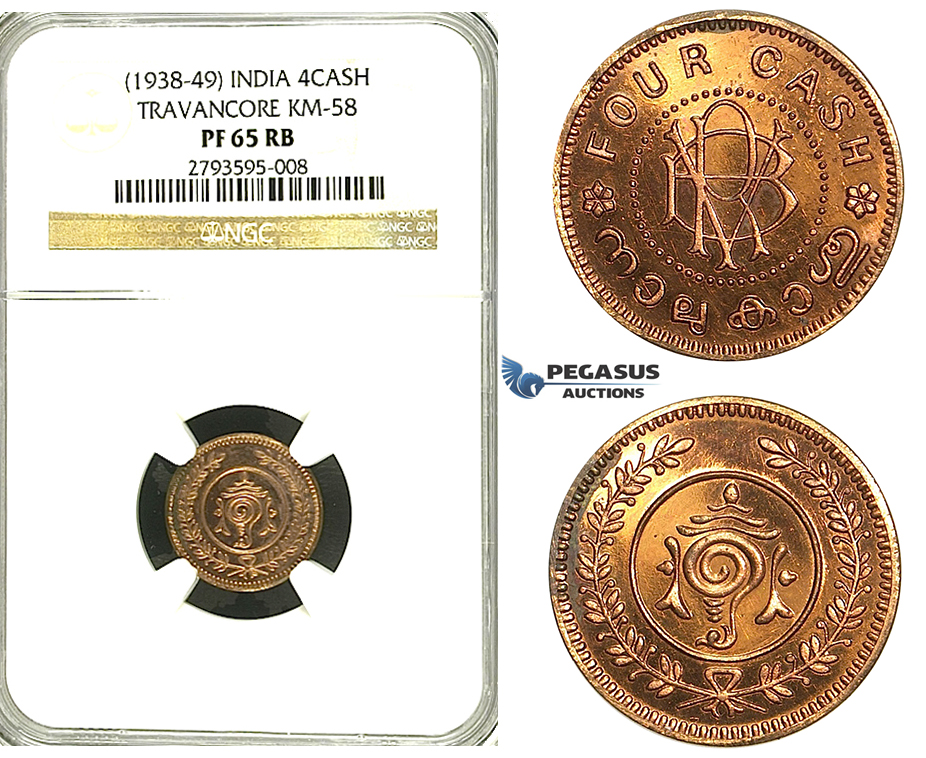 S27, India, Travancore, 4 Cash ND (1938-49) KM 58, NGC PF65RB (Pop 1/1, Finest!)