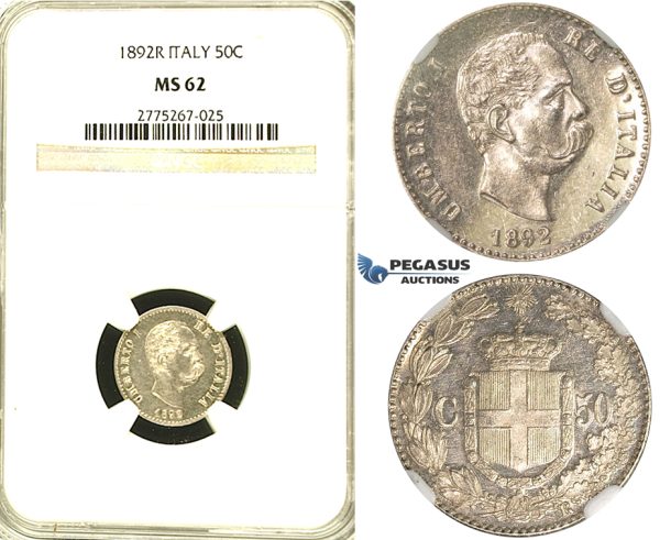 S28, Italy, Umberto I, 50 Centesimi 1892-R, Rome, Silver, NGC MS62 (Full mirror fields) Rare!